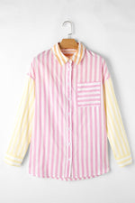 Women Stripe Collar Long Sleeve Patchwork Shirt