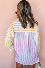 Women Stripe Collar Long Sleeve Patchwork Shirt