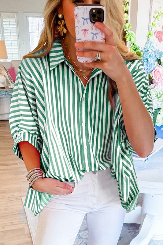 Women Stripe Dolman Sleeve Oversize Shirt