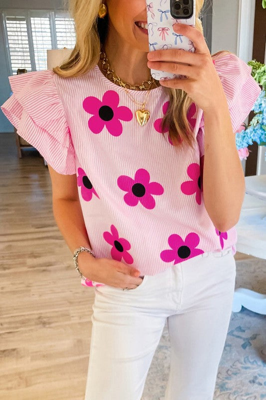 Women Floral Print Ruffled Flutter Sleeve Blouse