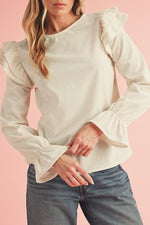 Corduroy Round Neck Ruffled Flounce Sleeve Blouse