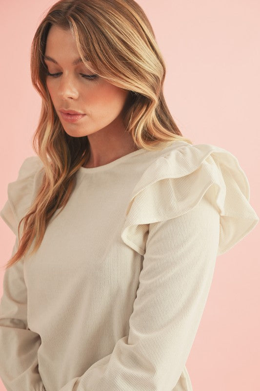 Corduroy Round Neck Ruffled Flounce Sleeve Blouse