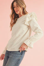 Corduroy Round Neck Ruffled Flounce Sleeve Blouse