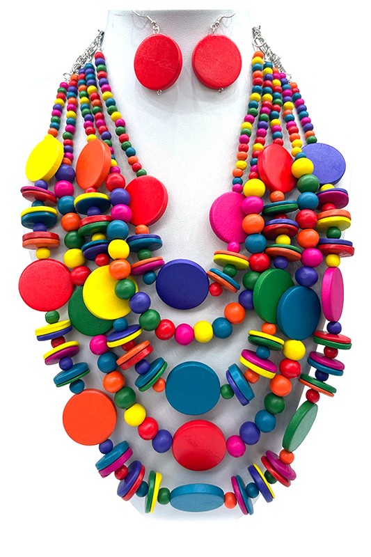 Mix Wooden Beads Layered Statement Necklace Set