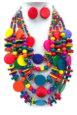 Mix Wooden Beads Layered Statement Necklace Set