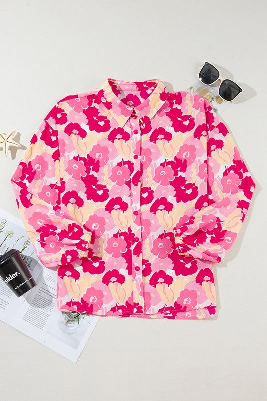 Women Floral Print Puff Sleeve Buttoned Shirt