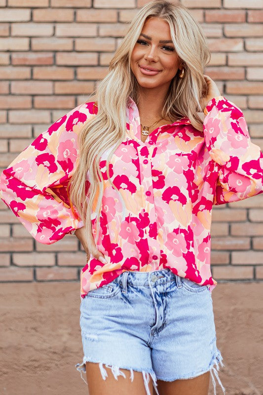 Women Floral Print Puff Sleeve Buttoned Shirt