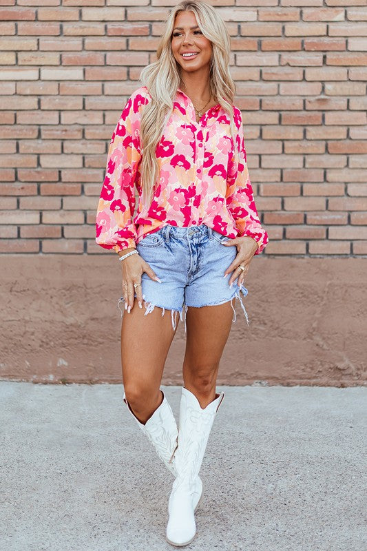 Women Floral Print Puff Sleeve Buttoned Shirt