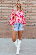 Women Floral Print Puff Sleeve Buttoned Shirt