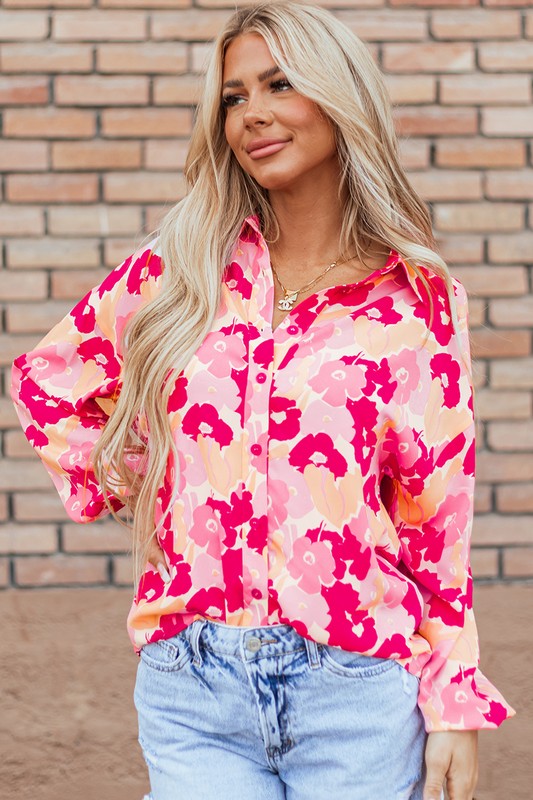 Women Floral Print Puff Sleeve Buttoned Shirt