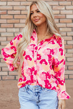 Women Floral Print Puff Sleeve Buttoned Shirt