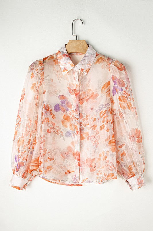 Women Floral Print Balloon Sleeve Loose Shirt