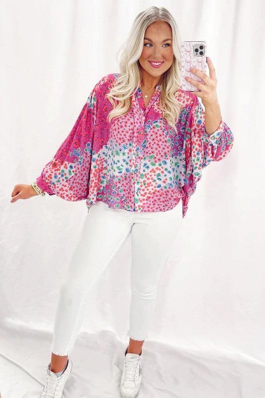 Women Print Buttoned V Neck Oversized Shirt