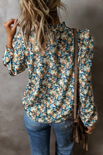 Women Floral Print Mock Neck Puff Sleeve Blouse