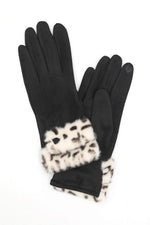 Leopard Printed Fur Trim Sueded Smart Gloves