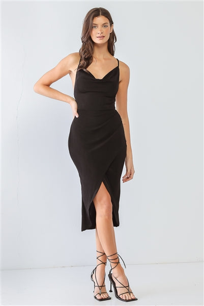 Black Cowl Neck Strappy Wrap Hem Midi Dress