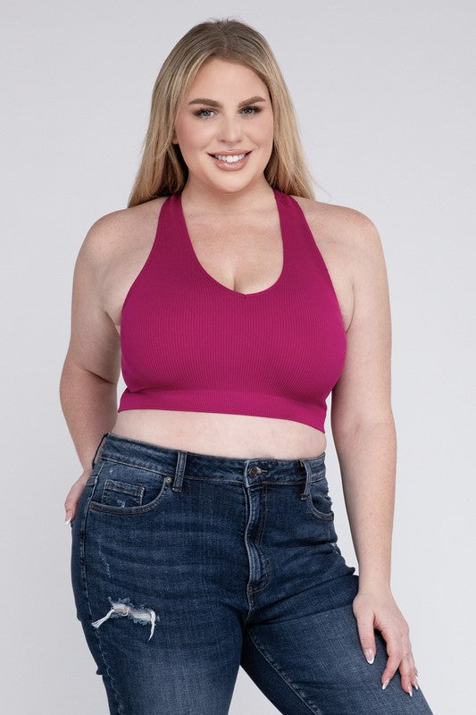 Pink Plus Ribbed Cropped Racerback Tank Top