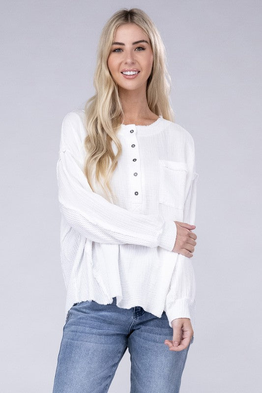 Double Gauze Oversized Henley Women's Blouse