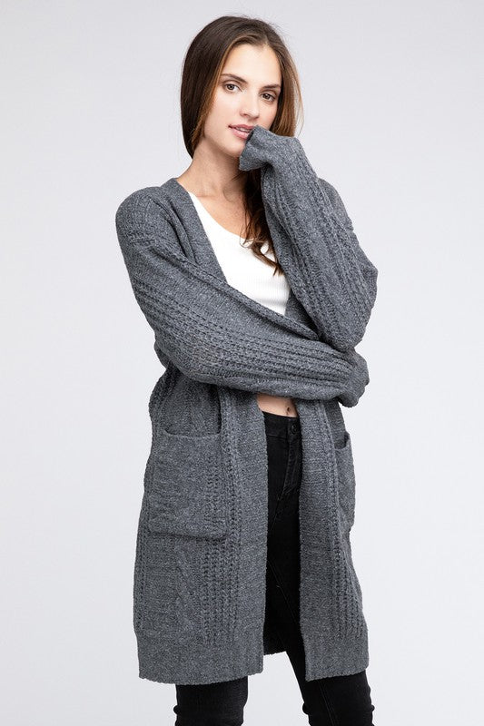 Twist Knitted Open Front Cardigan With Pockets