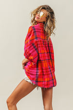 BiBi Button Up Dolman Sleeve Plaid Shirt