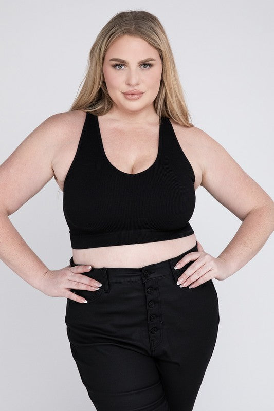 Black Plus Ribbed Cropped Racerback Tank Top