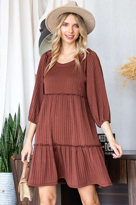 Solid Rib Casual Babydoll Tiered Dress