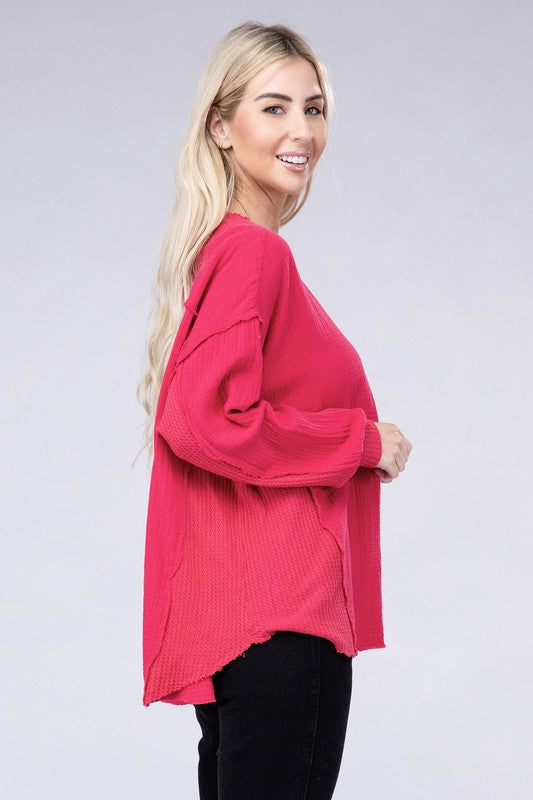 Double Gauze Oversized Henley Women's Blouse