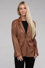 Women's Sleek Pu Leather Blazer with Front Closure