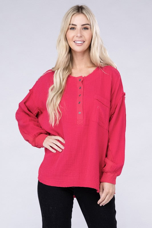 Double Gauze Oversized Henley Women's Blouse