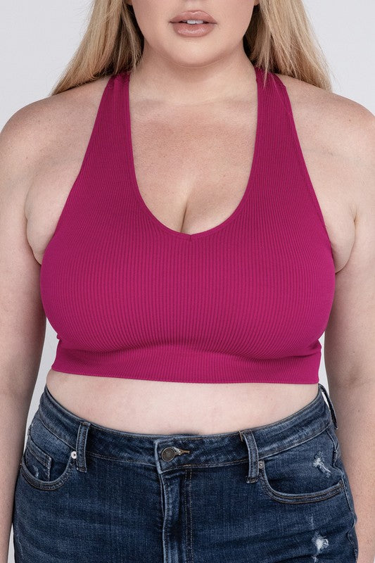 Pink Plus Ribbed Cropped Racerback Tank Top