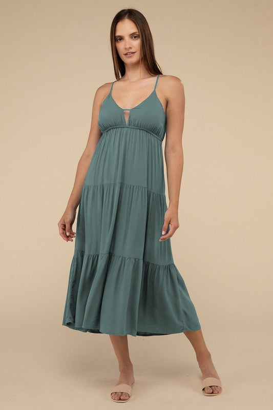 Women's Woven Sweetheart Neckline Tiered Cami Midi Dress