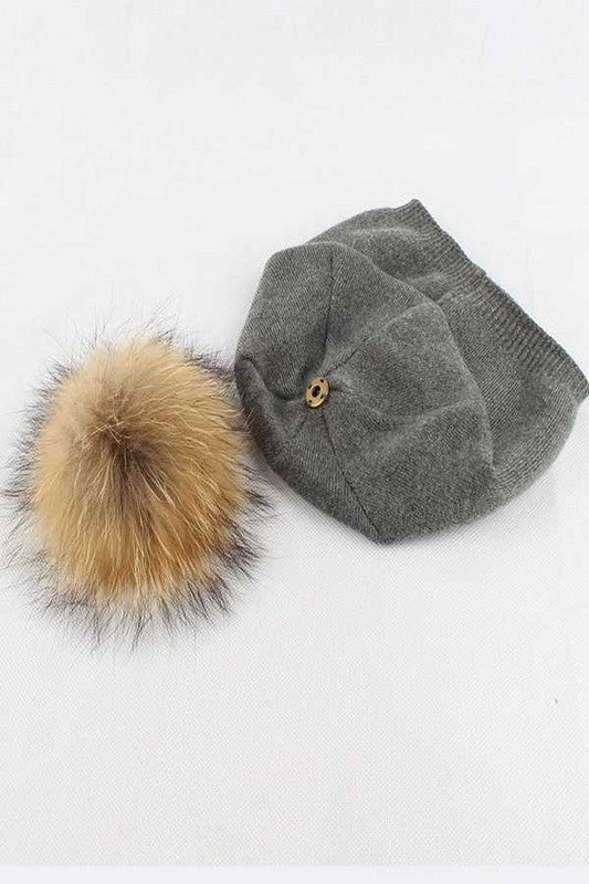 Raccoon Fur PomPom Pre-Sewed Slouchy Beanie