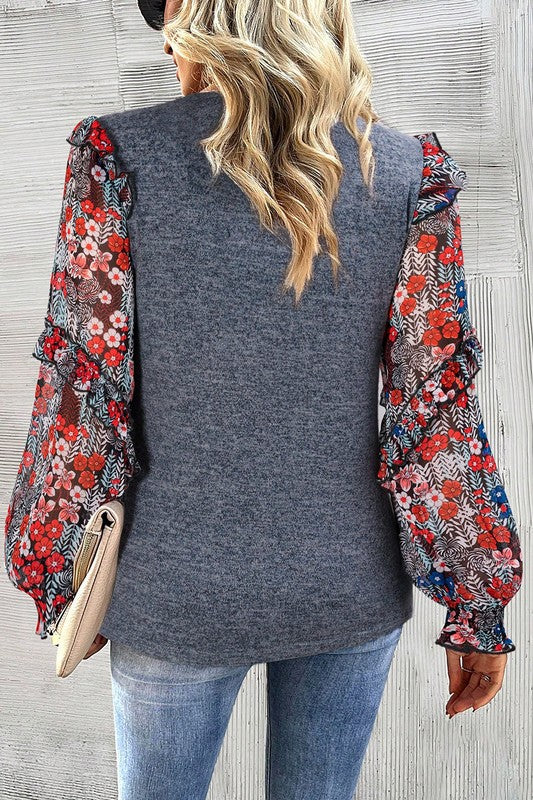 Women Ruffle Tiered Floral Sleeve Crew Neck Blouse