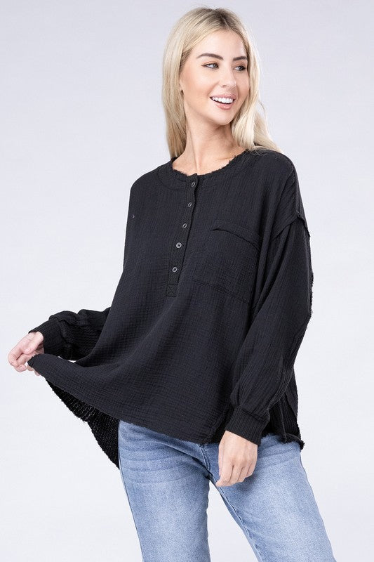 Double Gauze Oversized Henley Women's Blouse