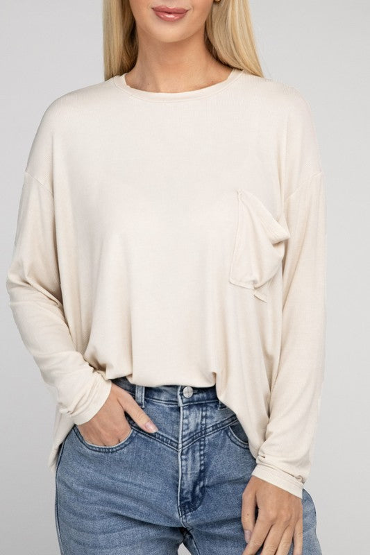 ZENANA Washed Ribbed Dolman Sleeve Round Neck Top