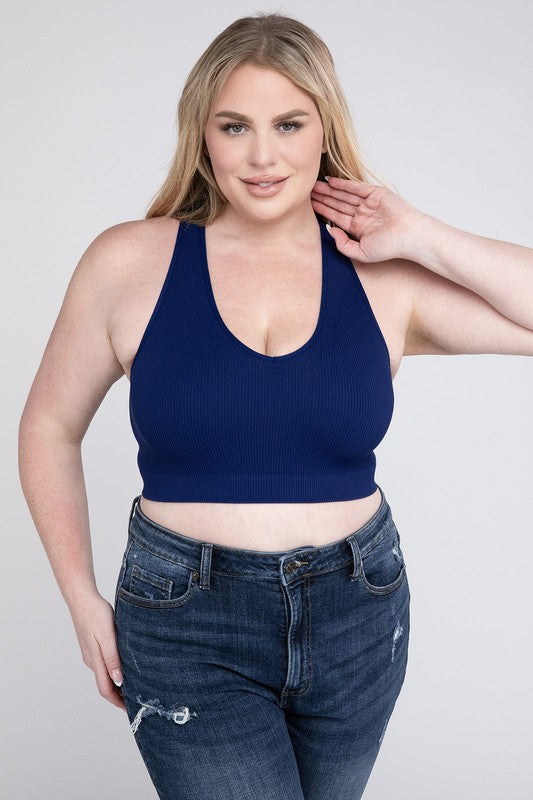 Blue Plus Ribbed Cropped Racerback Tank Top