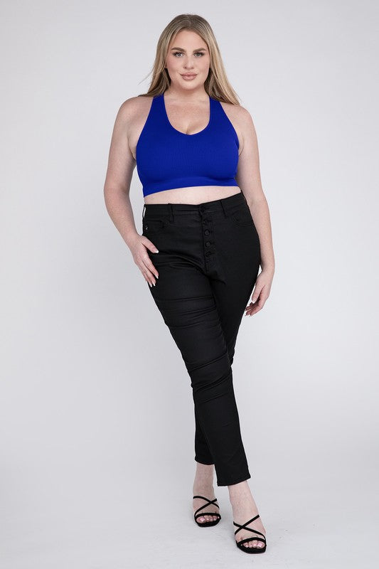 Navy Plus Ribbed Cropped Racerback Tank Top