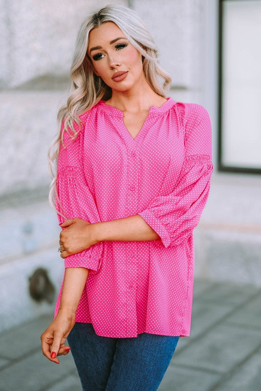 Women Pink 3/4 Sleeves Dotted Print Loose Shirt