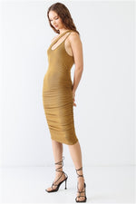 Cognac Ribbed Ruched Cut-Out Neck One-Shoulder Midi Dress