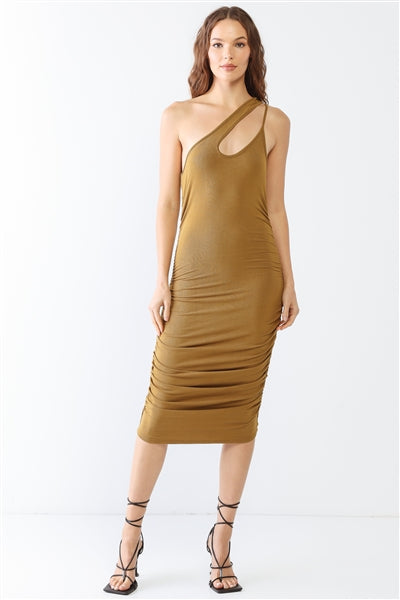 Cognac Ribbed Ruched Cut-Out Neck One-Shoulder Midi Dress