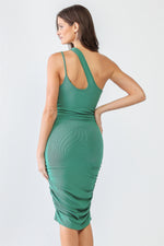 Hunter Green Ribbed Ruched Cut-Out Neck One-Shoulder Midi Dress