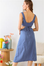 Blue Sleeveless Square Neck Self-Tie Strap Cut-Out Midi Dress