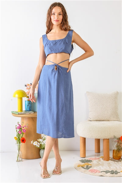 Blue Sleeveless Square Neck Self-Tie Strap Cut-Out Midi Dress