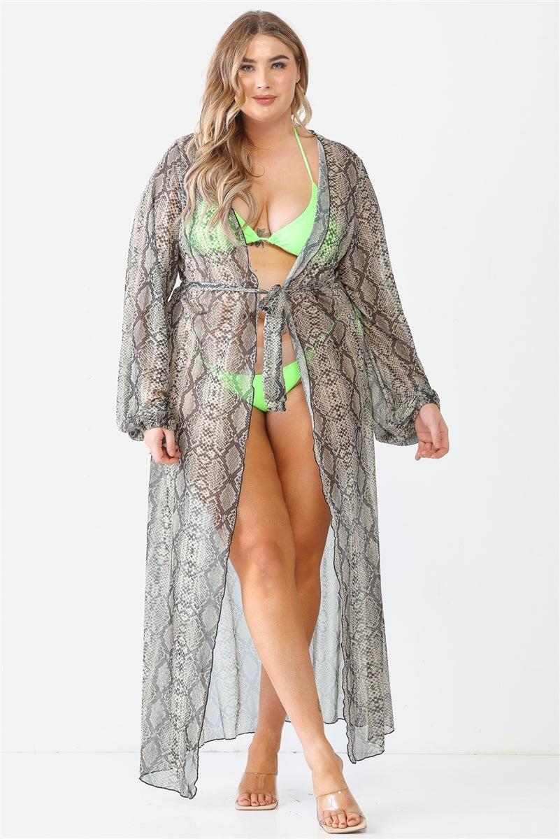 Plus Size Snake Print Open Front Long Sleeve KimonoCover Up