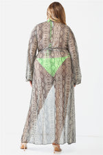 Plus Size Snake Print Open Front Long Sleeve KimonoCover Up