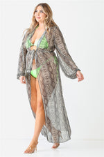 Plus Size Snake Print Open Front Long Sleeve KimonoCover Up