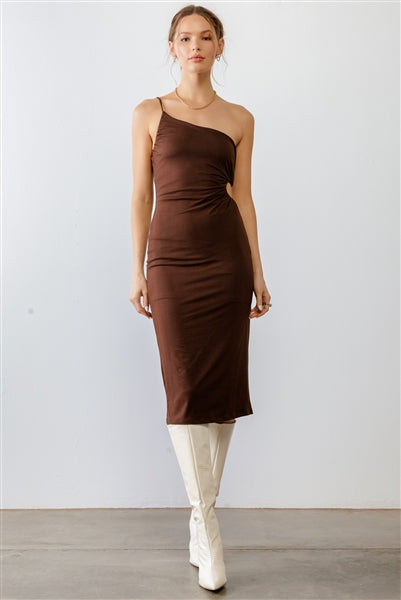 Brown One Shoulder Cut-Out Side Midi Dress