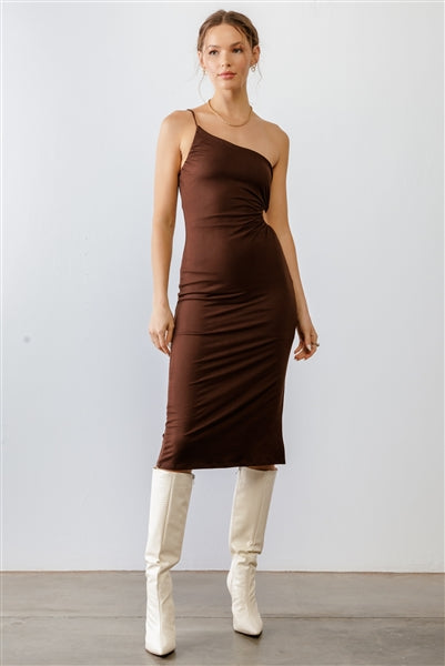 Brown One Shoulder Cut-Out Side Midi Dress