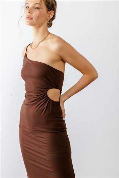 Brown One Shoulder Cut-Out Side Midi Dress