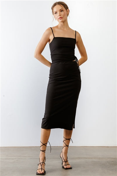 Black Ribbed Cut-Out Drawstring Detail Strappy Midi Dress